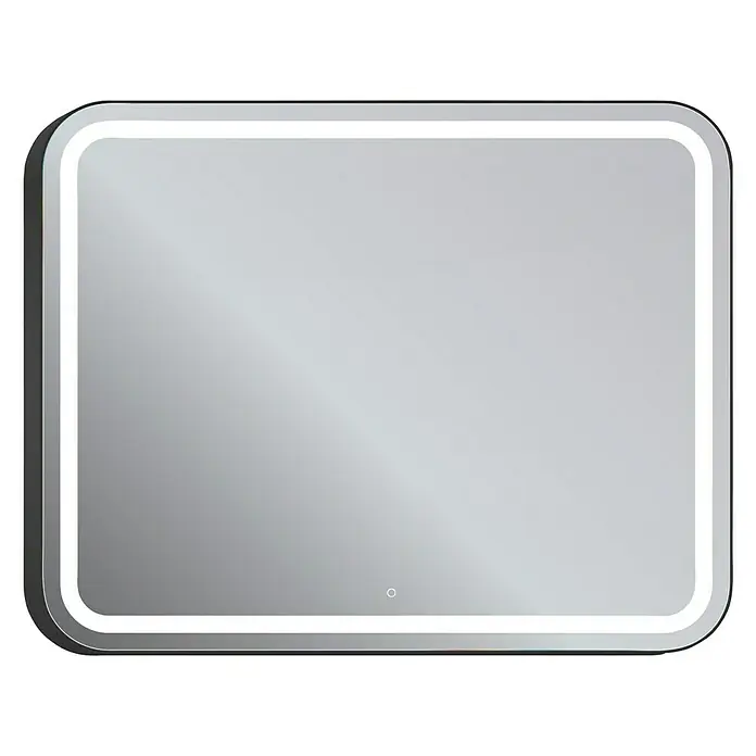 Espejo con luz Ogun - 100 x 80 cm, Negro, Bombillas y tubos - Un espejo rectangular iluminado con bordes redondeados, ideal para diseños de baños modernos.