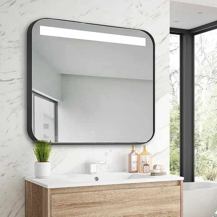 Espejo con luz Ogun - 100 x 80 cm, Negro, Bombillas y tubos - Espejo de baño cuadrado con iluminación LED y mueble de tocador de madera para un aspecto moderno.