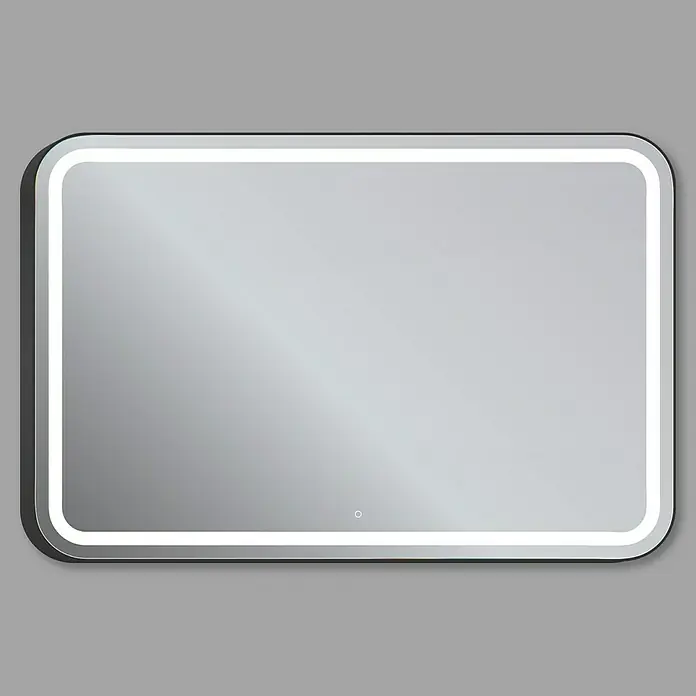 Espejo con luz Ogun - 120 x 80 cm, Negro, Bombillas y tubos - Espejo rectangular iluminado con LED y esquinas redondeadas, ideal para baños o vestidores, que ofrece iluminación elegante y un reflejo claro.