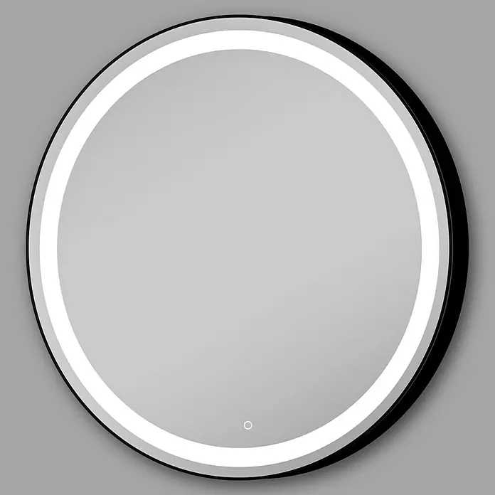 Espejo con luz Ogun - Diámetro: 60 cm, Negro, Bombillas y tubos - Un espejo redondo iluminado con LED y marco negro. Ideal para baños y vestidores, ofrece un reflejo claro y un diseño moderno.