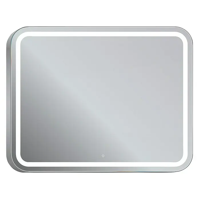 Espejo con luz Ogun - 100 x 80 cm, Cromo, Bombillas y tubos - Un espejo de baño rectangular con iluminación LED y esquinas redondeadas sobre un fondo negro.