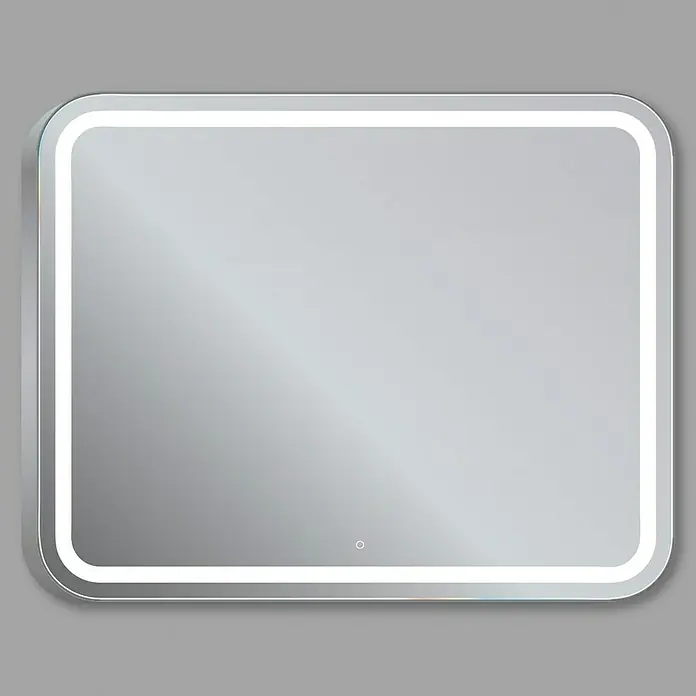 Espejo con luz Ogun - 100 x 80 cm, Cromo, Bombillas y tubos - Un espejo rectangular iluminado con esquinas redondeadas y un diseño minimalista. Perfecto para baños modernos.