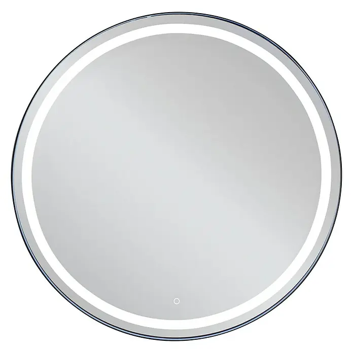 Espejo con luz Ogun - Diámetro: 80 cm, Cromo, Bombillas y tubos - Primer plano de un espejo redondo iluminado con LED y un diseño elegante para baños modernos.