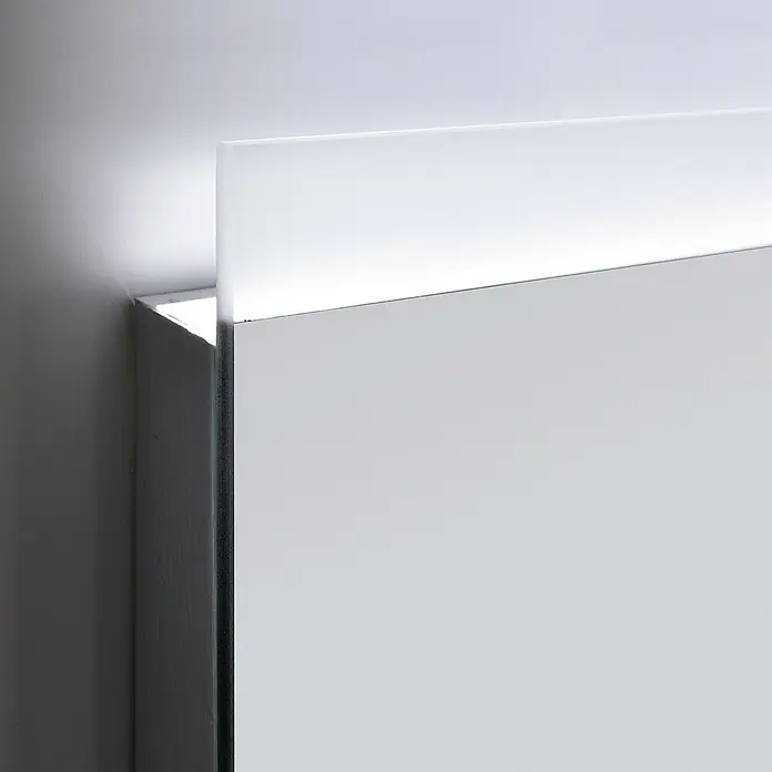 Espejo con luz Sven - 100 x 80 cm - Primer plano de un espejo de baño iluminado, con un acabado blanco y retroiluminación sutil para crear un ambiente moderno.