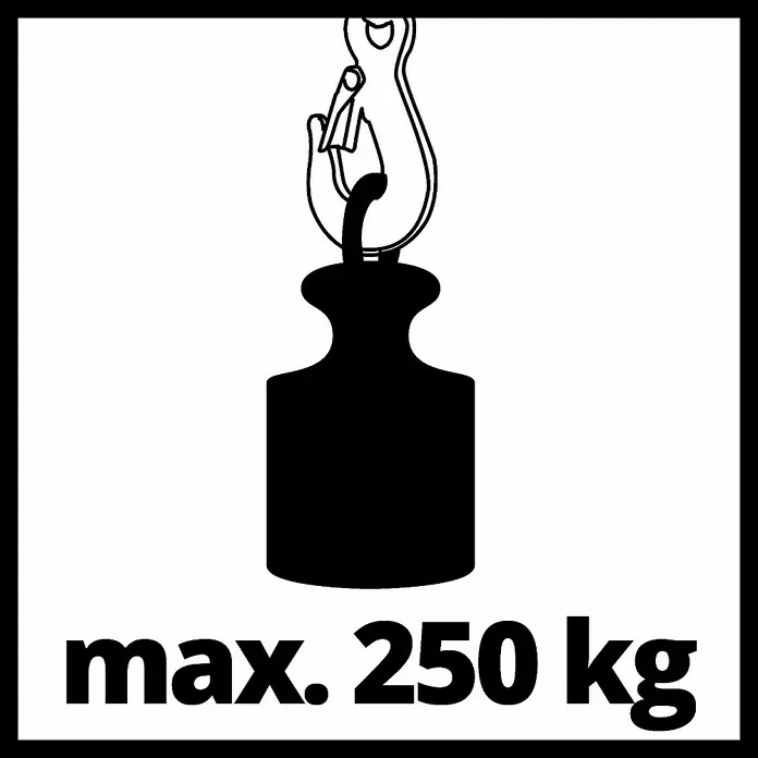 Einhell Polipasto TC-EH 250 - 12 m, 500 W, 230 V - Símbolo que indica una carga máxima de 250 kg, con un gancho y un peso colgando de él para cargas.