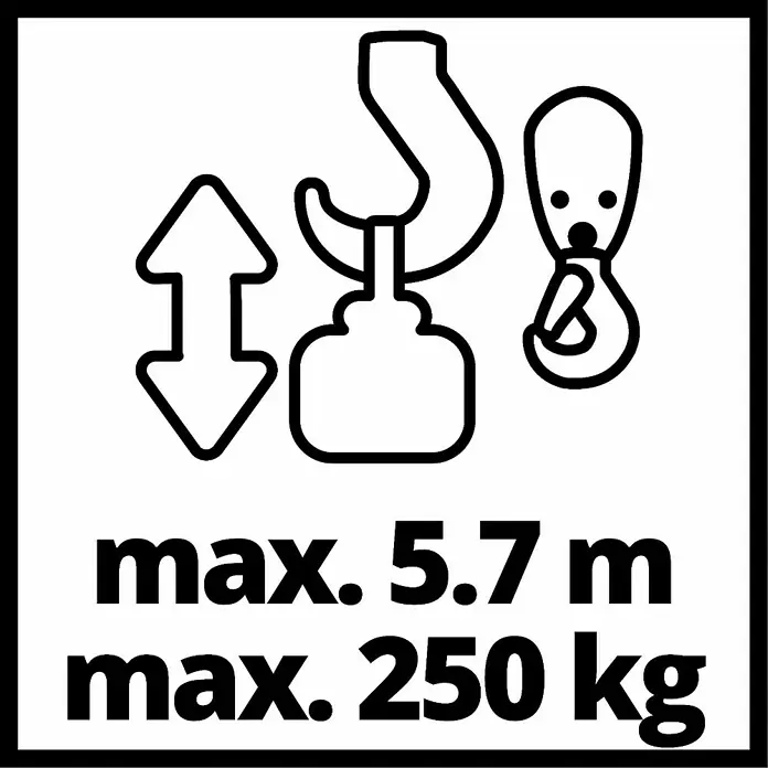Einhell Polipasto TC-EH 250 - 12 m, 500 W, 230 V - Ilustración de una etiqueta de advertencia con información sobre la capacidad de carga (250 kg) y la altura de elevación (5.7 m).