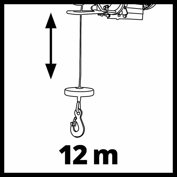 Einhell Polipasto TC-EH 250 - 12 m, 500 W, 230 V - Imagen de un dispositivo de elevación que indica una altura máxima de elevación de 12 metros, mostrada por una flecha y la inscripción "12 m".