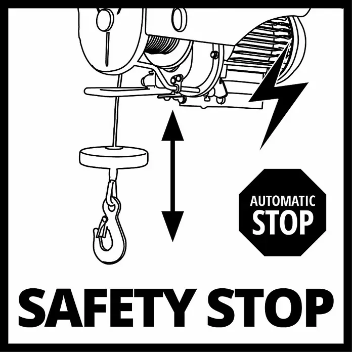 Einhell Polipasto TC-EH 250 - 12 m, 500 W, 230 V - Símbolo de parada de seguridad para un dispositivo de parada automática, representado con un rayo y un gancho colgante con flechas arriba/abajo.