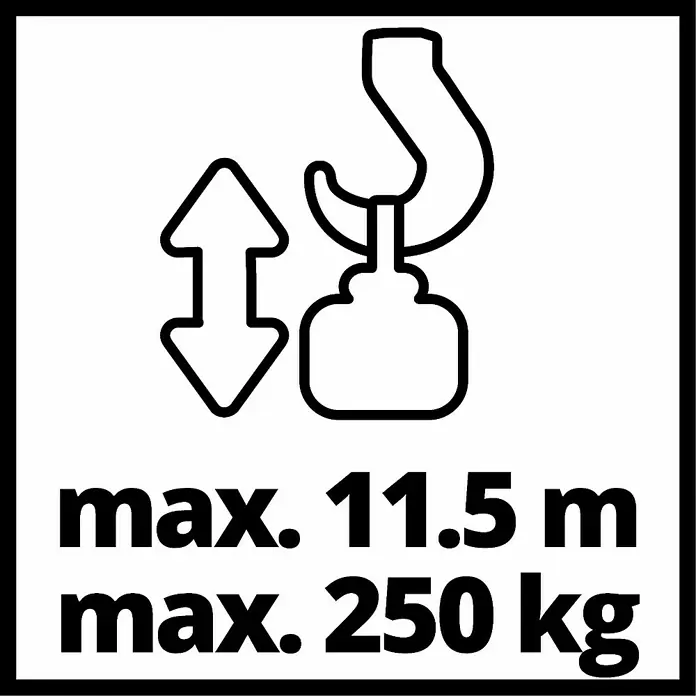 Einhell Polipasto TC-EH 500 - 12 m, 1.000 W, 230 V - Símbolo con gancho, flecha arriba y abajo. Carga máxima de 250 kg y altura máxima de elevación de 11,5 m para la grúa.