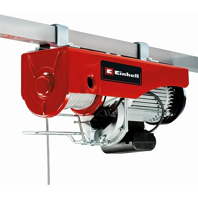 Einhell Polipasto TC-EH 1000 - 18 m, 1.600 W, 230 V - 240 V - Un polipasto eléctrico Einhell rojo montado en un riel metálico, diseñado para levantar cargas pesadas con facilidad.