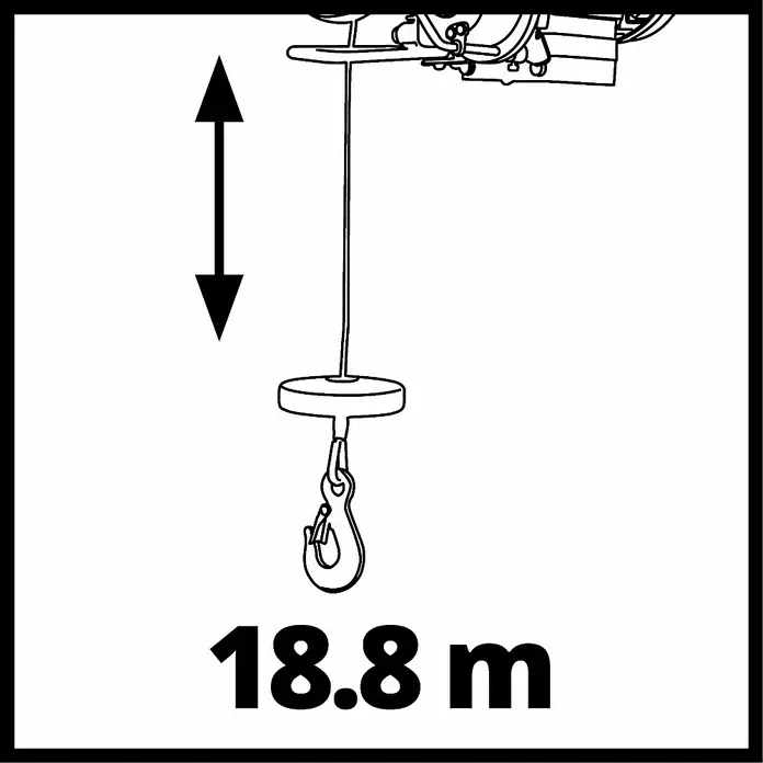 Einhell Polipasto TC-EH 1000 - 18 m, 1.600 W, 230 V - 240 V - Ilustración de la altura de elevación de una herramienta, marcada a 18,8 m, destacando la capacidad del equipo.