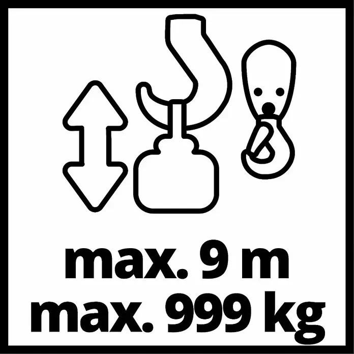 Einhell Polipasto TC-EH 1000 - 18 m, 1.600 W, 230 V - 240 V - Señal de advertencia para un dispositivo de elevación con una altura máxima de 9 m y una capacidad de carga máxima de 999 kg.