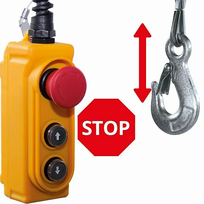 Einhell Polipasto TC-EH 1000 - 18 m, 1.600 W, 230 V - 240 V - Mando de polipasto amarillo con botón de parada de emergencia rojo y gancho. Caja de control para elevación y descenso precisos.