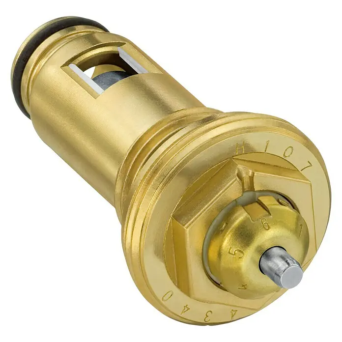 Heizkörper-Ventileinsatz - Passend für: Ventile M30 x 1,5, ½″ - Nahaufnahme einer goldenen thermostatischen Mischbatteriekartusche, ein zentrales Element für Armaturen und Sanitäranlagen.