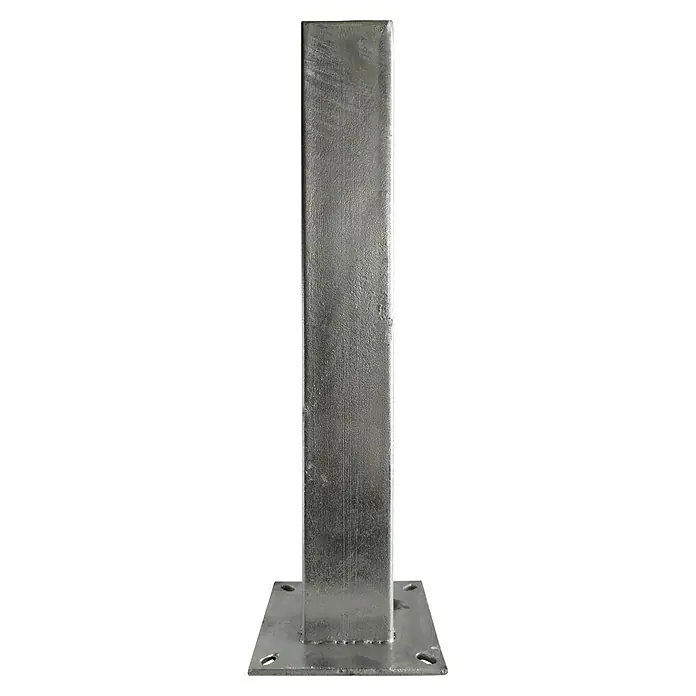 Dioco Base para poste - L x An x Al: 5 x 5 x 33 cm, Plateado - Imagen de un poste metálico plateado con base cuadrada. El poste está sobre una superficie plana y está bien hecho.