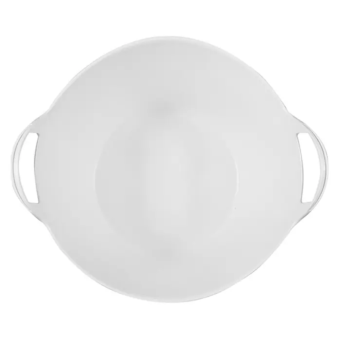 Capazo multiusos - Blanco, Plástico, 42 l - Un bol de servir vacío, redondo y blanco con dos asas, sobre un fondo negro.