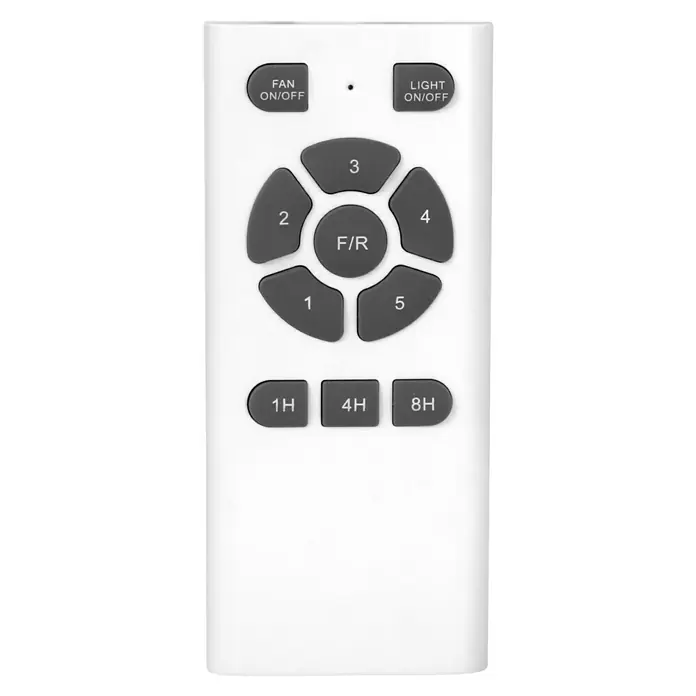 Arte confort Ventilador de techo Palaos - Haya, 122 cm, 27 W, Blanco cálido - Primer plano de un mando a distancia blanco para ventilador, con varios botones para controlar la luz y la velocidad del ventilador.