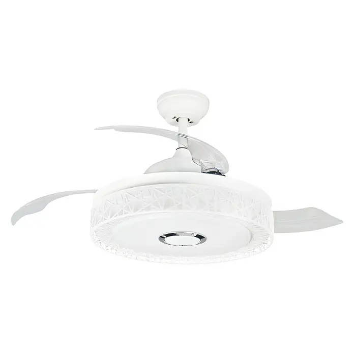 Arte confort Ventilador de techo Candas - Blanco, 104 cm, 27 W, RGB - Ventilador de techo blanco con iluminación LED integrada y aspas transparentes sobre fondo negro.