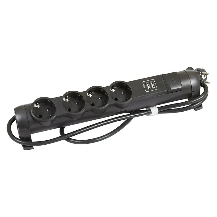 Legrand Base de enchufe múltiple con base - x 4, Negro, Longitud del cable: 1,5 m, Con interruptor - Regleta negra con cuatro enchufes, dos puertos USB y cable de alimentación. Ideal para el hogar y gestión de energía en la oficina.