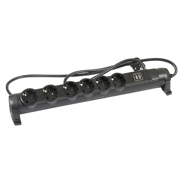 Legrand Base de enchufe múltiple con base - x 6, Negro, Longitud del cable: 1,5 m, Con interruptor - Una regleta negra con múltiples tomas de corriente y puertos USB. Ideal para oficinas y hogares para conectar varios dispositivos a la vez.