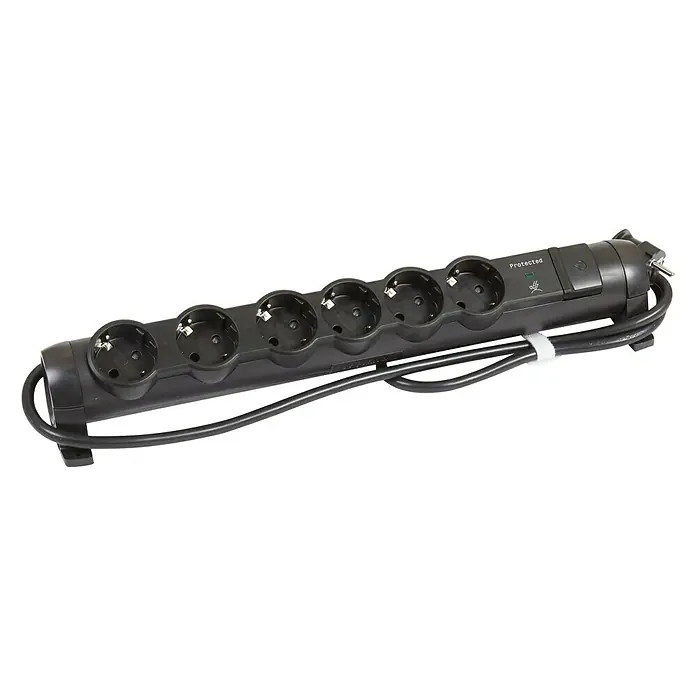 Legrand Base de enchufe múltiple Confort - Negro, Longitud del cable: 1,5 m - Regleta negra con seis enchufes y protección contra sobretensiones, ideal para uso doméstico y de oficina para alimentar varios dispositivos.