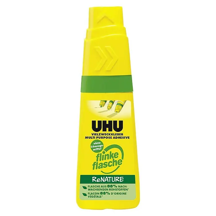 UHU Flinke Flasche Alleskleber ReNature - 40 g, Flüssig, Lösemittelfrei - Abbildung einer Flasche UHU Alleskleber Renature, ein umweltfreundlicher Mehrzweckkleber, hergestellt aus 88% nachwachsenden Rohstoffen.