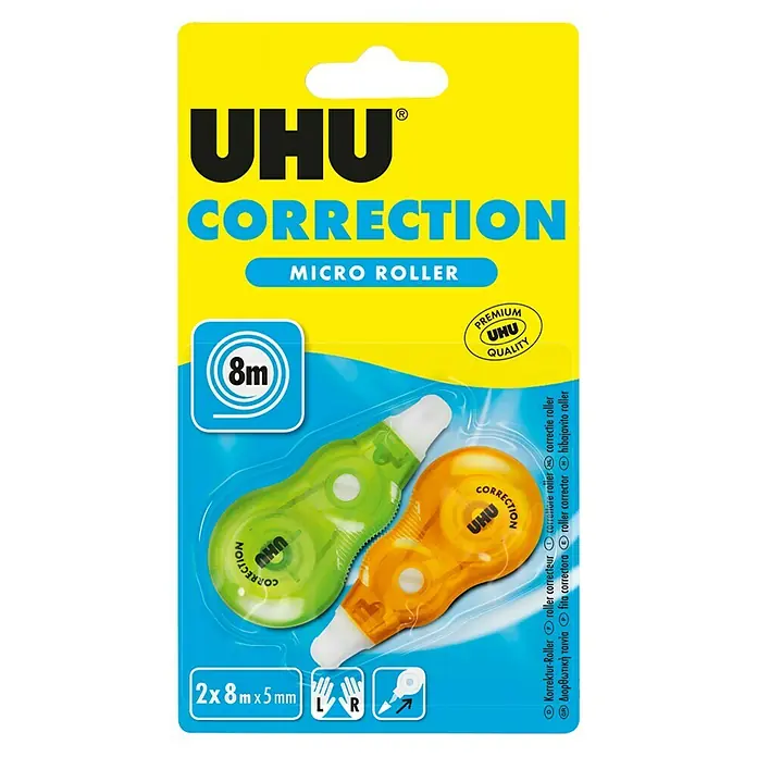 UHU Korrekturroller Correction Micro - 2 Stk., L x B: 800 x 0,5 cm - UHU Correction Micro Roller: Korrekturroller im Doppelpack, je 8m lang, für präzises und sauberes Korrigieren von Texten.