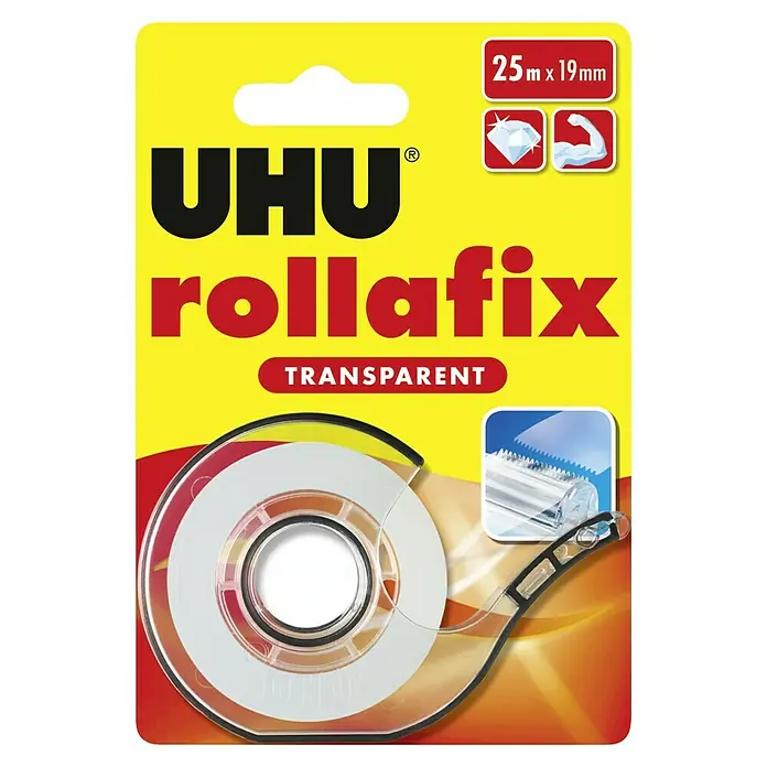 UHU Klebefilm mit Abroller Rollafix - Transparent, Länge: 25 m - UHU rollafix transparent Klebefilmabroller, 25m x 19mm. Der transparente Klebefilm sorgt für eine zuverlässige und unsichtbare Verbindung.