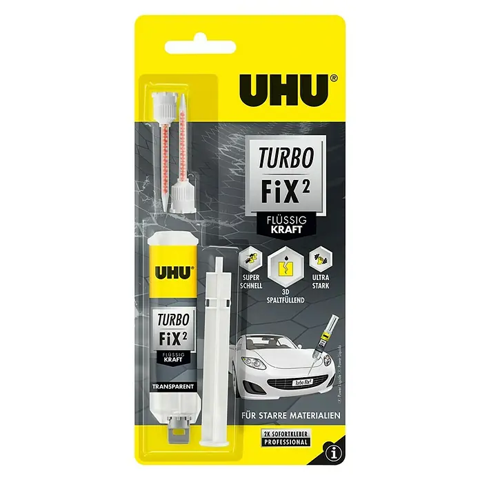 UHU Turbo Fix² 2-Komponenten-Kleber Flüssig Kraft - 10 g, Lösemittelfrei - Abbildung einer UHU Turbo Fix² 2-Komponenten-Sofortkleber-Verpackung, ideal für starre Materialien und professionelle Anwendungen.