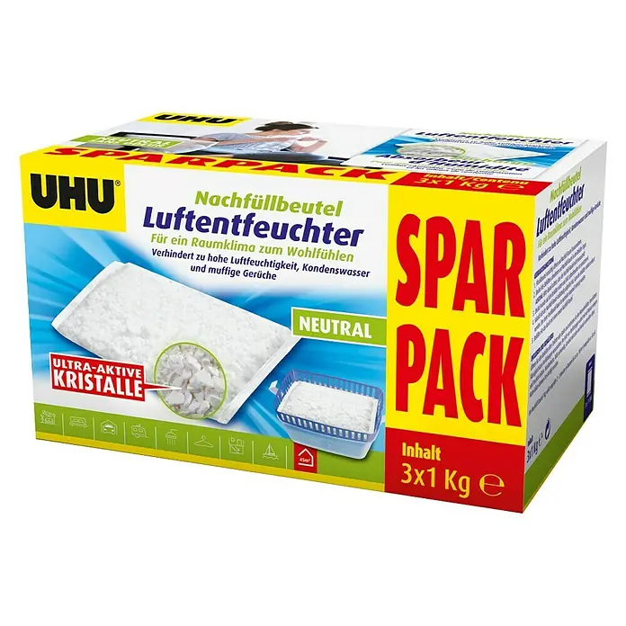 UHU Luftentfeuchter Nachfüllpack Sparpack - 3 Stk. x 1.000 g - UHU Luftentfeuchter Nachfüllbeutel Sparpack mit ultra-aktiven Kristallen für ein angenehmes Raumklima und zur Vermeidung von Feuchtigkeit.