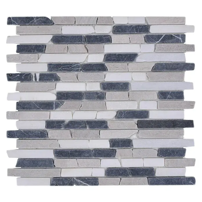 Mosaikfliese MOS BRICK 1125 - 32,2 x 30,5 cm, Grau/Schwarz, Matt - Nahaufnahme eines Mosaikfliesenmusters in Grau-, Schwarz- und Weißtönen, das eine Textur und ein elegantes Design für die Wandgestaltung bietet.