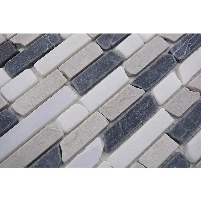 Mosaikfliese MOS BRICK 1125 - 32,2 x 30,5 cm, Grau/Schwarz, Matt - Nahaufnahme von Mosaikfliesen in Grau-, Weiß- und Blautönen, die ein elegantes und modernes Design für Wand- oder Bodenbeläge bieten.
