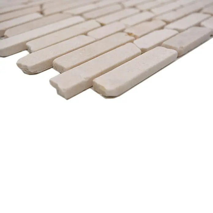Mosaikfliese MOS BRICK 13R - 32,2 x 30,5 cm, Beige, Matt - Ein Mosaik aus länglichen, cremefarbenen Steinen, die ein interessantes Muster bilden. Ideal für stilvolle Wand- oder Bodengestaltung.