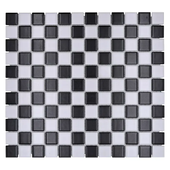 Mosaikfliese Quadrat Mix BM 148 - 32,6 x 30 cm, Schwarz/Weiß, Matt - Schachbrettmuster aus quadratischen Mosaikfliesen in Schwarz und Weiß für stilvolle Wand- und Bodengestaltung.