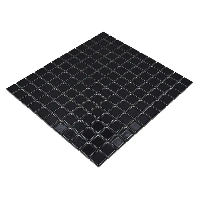 Mosaikfliese Quadrat Uni B 890 - 32,6 x 30 cm, Schwarz, Glänzend - Quadratische, glänzend schwarze Mosaikfliese für Wand- und Bodenbeläge, ideal für moderne Akzente.