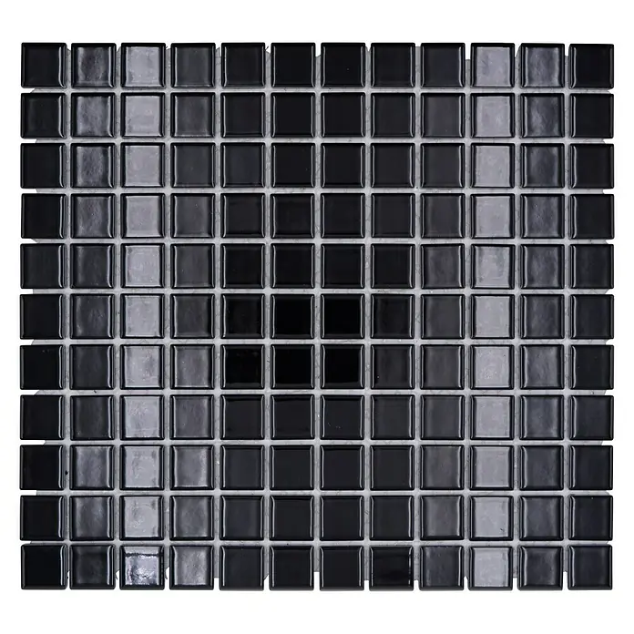 Mosaikfliese Quadrat Uni B 890 - 32,6 x 30 cm, Schwarz, Glänzend - Detailaufnahme eines Mosaikfliesenmusters in Schwarz- und Grautönen, ideal für moderne Badezimmer- oder Küchengestaltung.