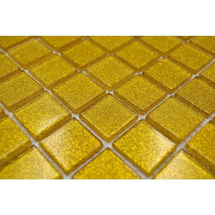 Mosaikfliese Quadrat Crystal Uni CM 4GO5 - 32,7 x 30,2 cm, Gold, Glänzend - Nahaufnahme von schimmernden goldenen Mosaikfliesen.