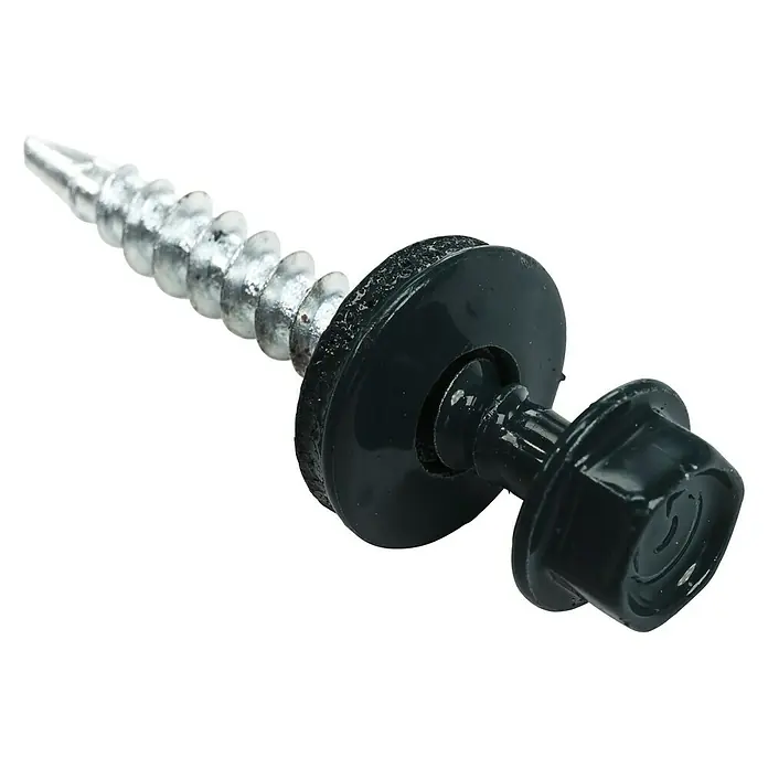 Metdach Schrauben - Anthrazit, Ø x L: 4,8 x 35 mm, 50 Stk. - Nahaufnahme einer Trapezblechschraube mit Bohrspitze und Dichtscheibe, ideal für sichere und wetterfeste Befestigung im Dachbereich.