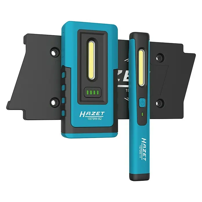 Hazet LED-Inspektionslampen-Satz 1979NW/3 - 5 -tlg., Stufenlos dimmbar, Ladestandsanzeige - Abbildung eines HAZET 1979W-82 und 1979W-11 Inspektionslampen-Sets mit LED-Leuchten und magnetischer Halterung. Perfekt für Werkstatt und Inspektion.