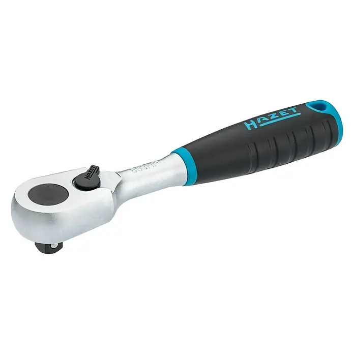 Hazet Umschaltknarre 863HP - 116 mm, ¼″ Vierkant - Nahaufnahme einer HAZET Knarre mit blau-schwarzem Griff und silbernem Kopf, ideal für präzise Mechanikerarbeiten.