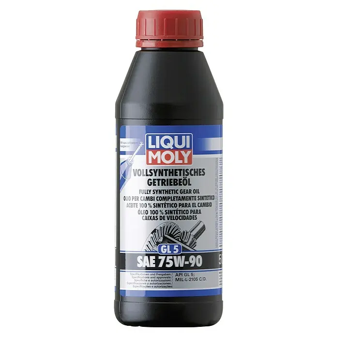 Liqui Moly Getriebeöl GL5 SAE 75W-90 - 75W-90, 500 ml - Abbildung einer Flasche Liqui Moly Vollsynthetisches Getriebeöl SAE 75W-90 mit rotem Deckel und blau-weißem Etikett.