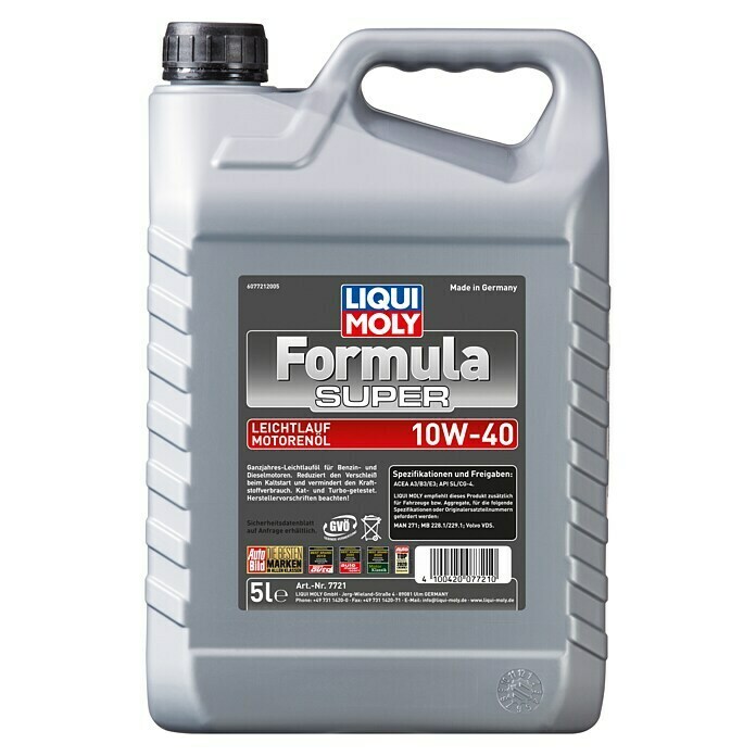 Liqui Moly Leichtlaufmotorenöl Formula Super 10W-4010W-40, A3/B3, 5 l Front View