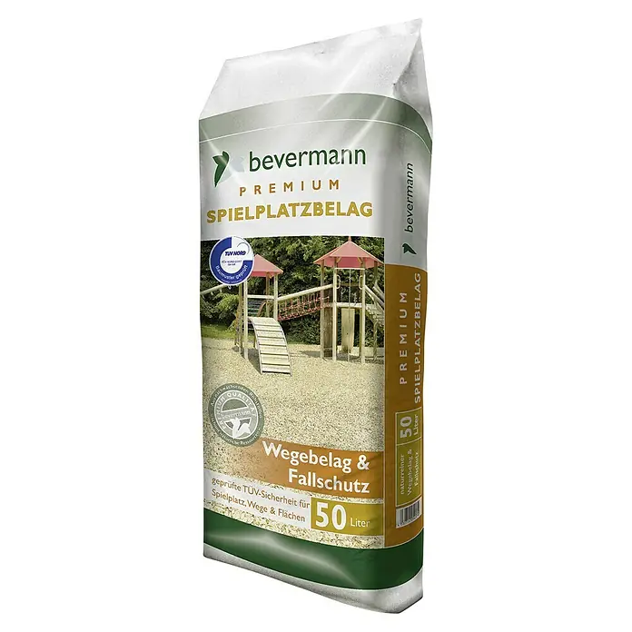 Bevermann Spielplatzbelag - 50 l - Abbildung eines 50-Liter-Sacks Bevermann Premium Spielplatzbelag, Wegebelag & Fallschutz, geprüft TÜV-Sicherheit für Spielplatz, Wege & Flächen.