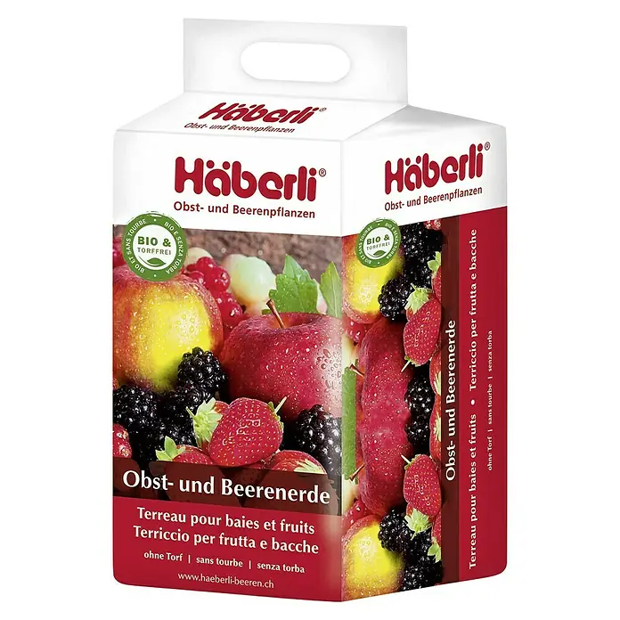 Häberli Obst- & Beerenerde - 25 l, Torffrei - Produktbild von Häberli Obst- und Beerenerde, torffreie Blumenerde für Obst- und Beerenpflanzen mit Äpfeln, Erdbeeren und Brombeeren auf der Packung.
