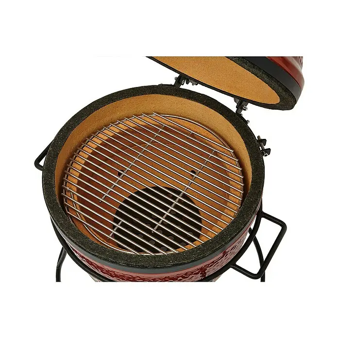 Kamado Joe Holzkohlegrill JOE JUNIOR - Durchmesser Grillfläche: 34 cm, Rot - Nahaufnahme eines Kamado Joe Junior Grills mit geöffnetem Deckel, der den Grillrost zeigt, perfekt für kulinarische Abenteuer.