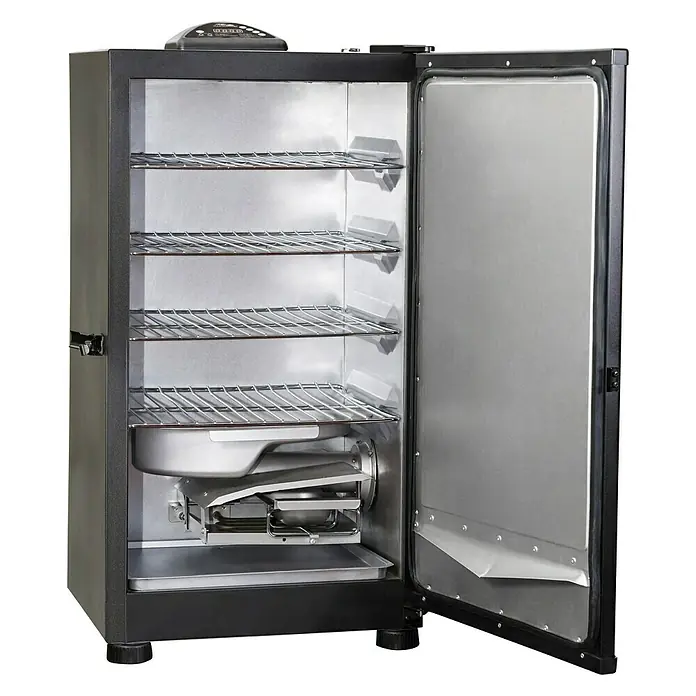 Masterbuilt Räucherofen MES 130B - B x T x H: 52 x 50,5 x 84,5 cm - Bild eines elektrischen Smokers mit mehreren Rosten, einer Wasserschale und einem Heizelement. Der Smoker ist für den Außenbereich konzipiert.