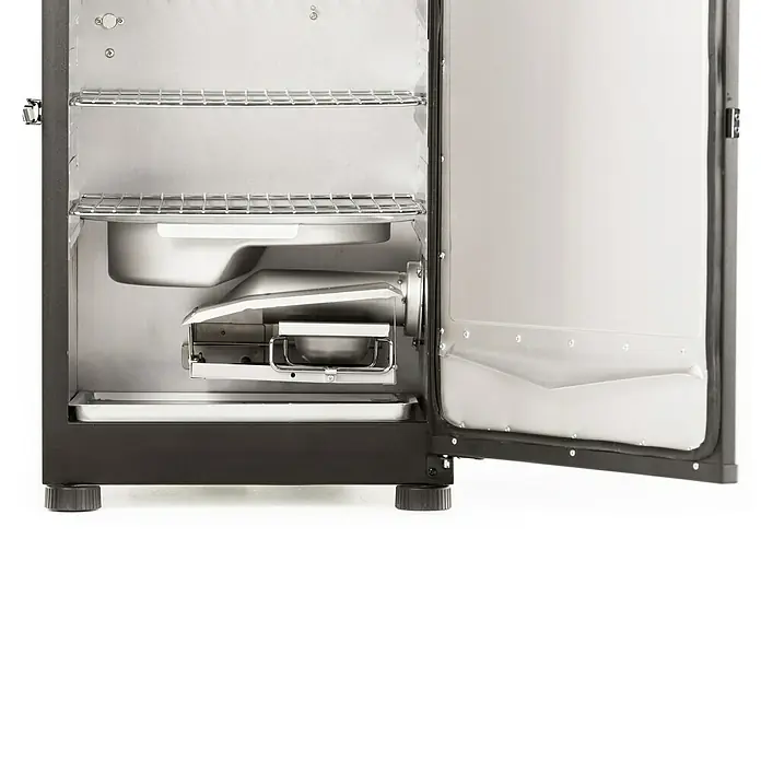 Masterbuilt Räucherofen MES 130B - B x T x H: 52 x 50,5 x 84,5 cm - Innenansicht eines geöffneten Smokers mit Regalen und Einsätzen, ideal zum Räuchern von Fleisch und Fisch.