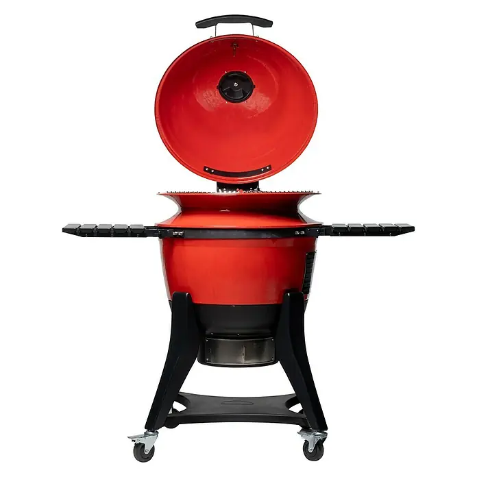 Kamado Joe Holzkohlegrill Kettle Joe - Durchmesser Grillfläche: 55 cm, Rot - Roter Keramikgrill mit offenem Deckel und schwarzen Seitentischen, ideal für köstliche Barbecue-Erlebnisse im Freien.