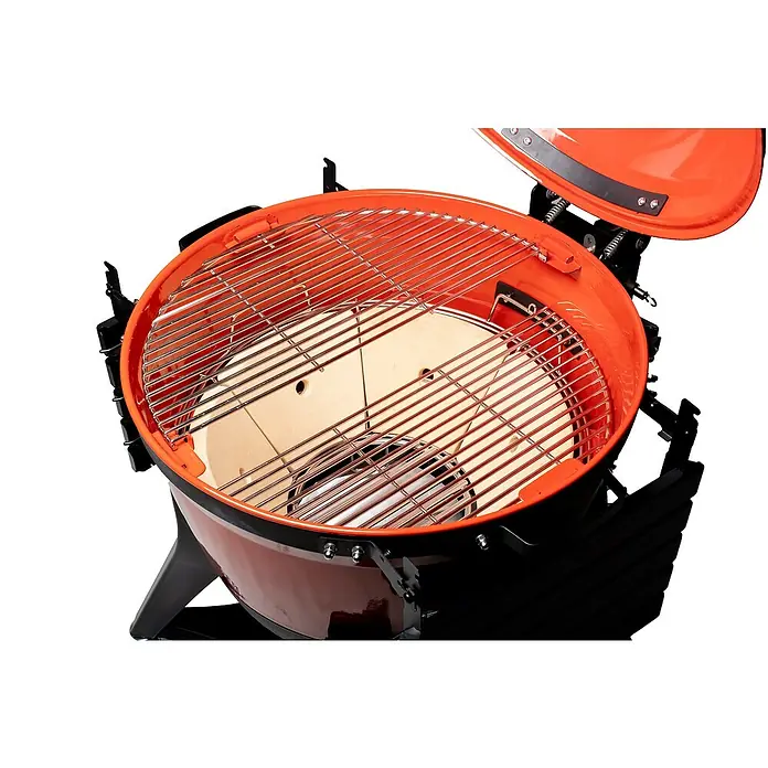 Kamado Joe Holzkohlegrill Kettle Joe - Durchmesser Grillfläche: 55 cm, Rot - Nahaufnahme eines Kamado-Grills mit Grillrost und Pizzastein. Ideal zum Grillen und Backen.