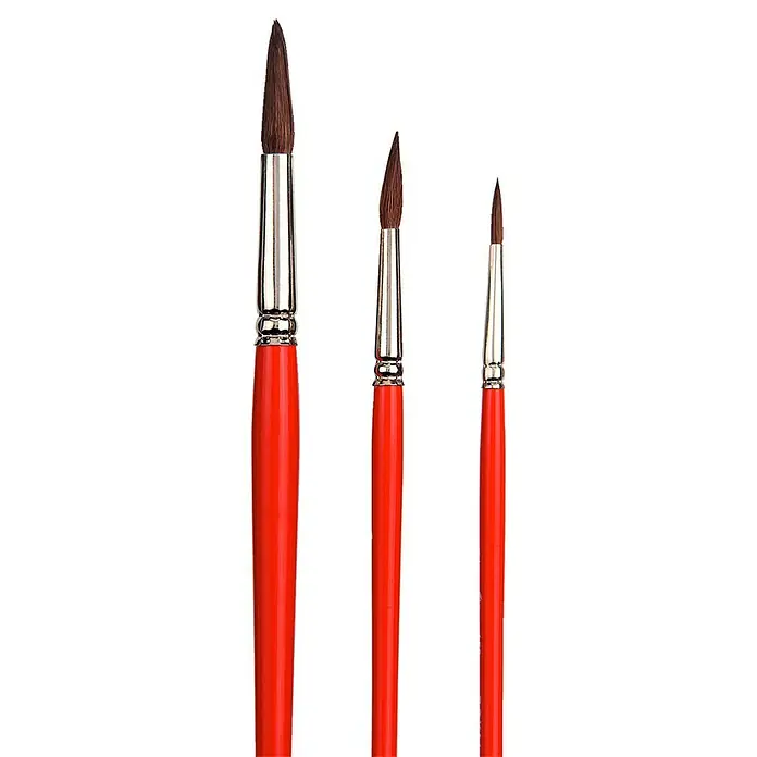 Talens Set de pinceles redondos Aguada Juego 150 - 3 pzs. - Primer plano de tres pinceles de acuarela con mangos rojos y diferentes tamaños sobre un fondo negro.